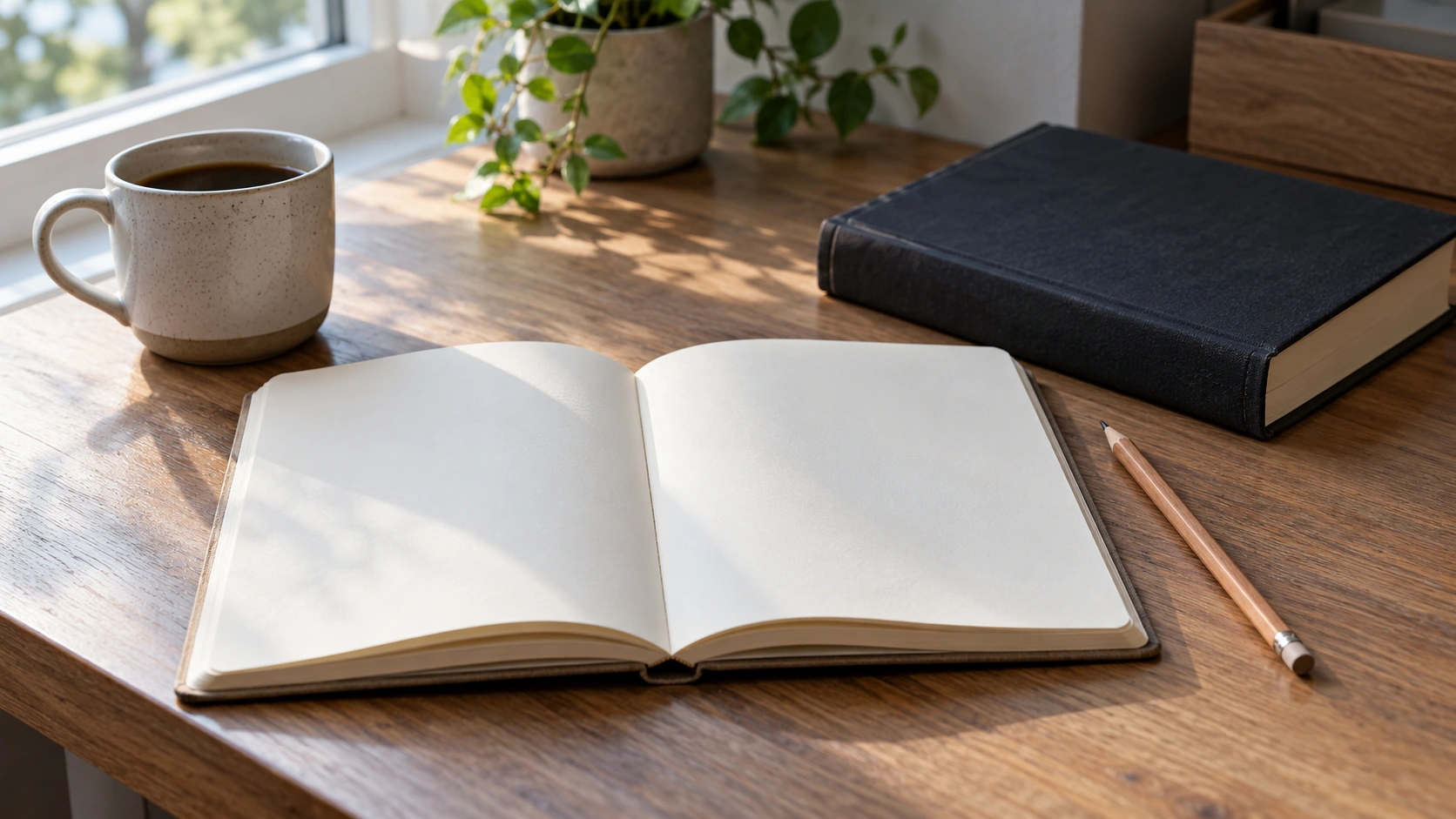 A closed book, an open notebook and a pencil on a table beside a window.