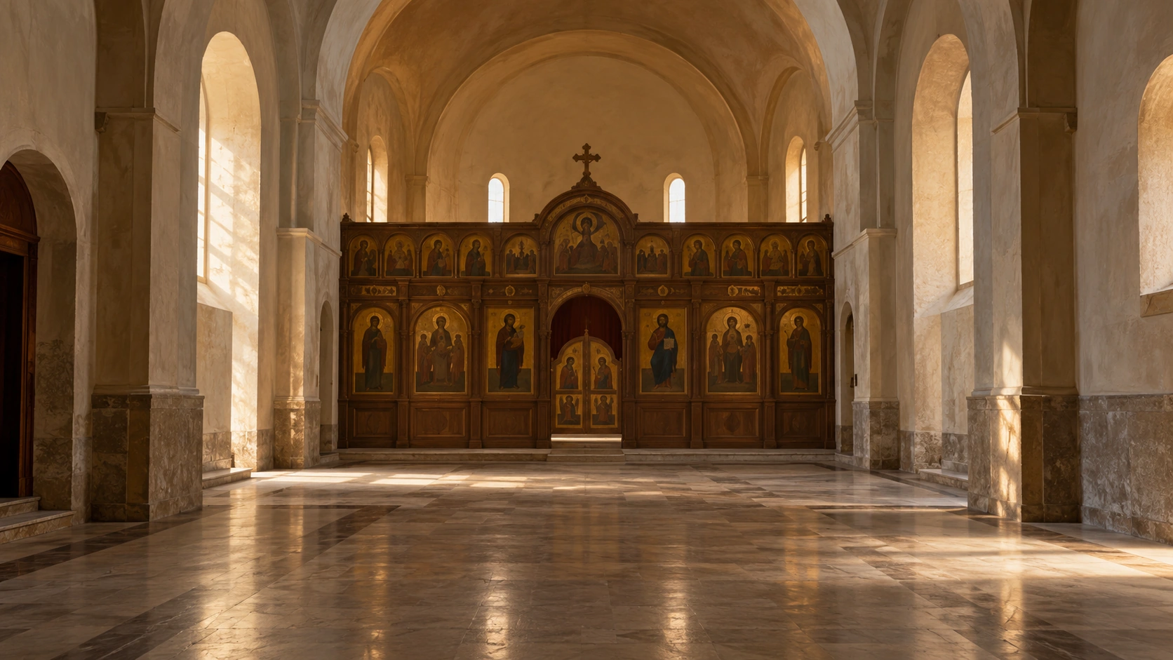 An empty church interior with an iconostasis and soft light from the windows.