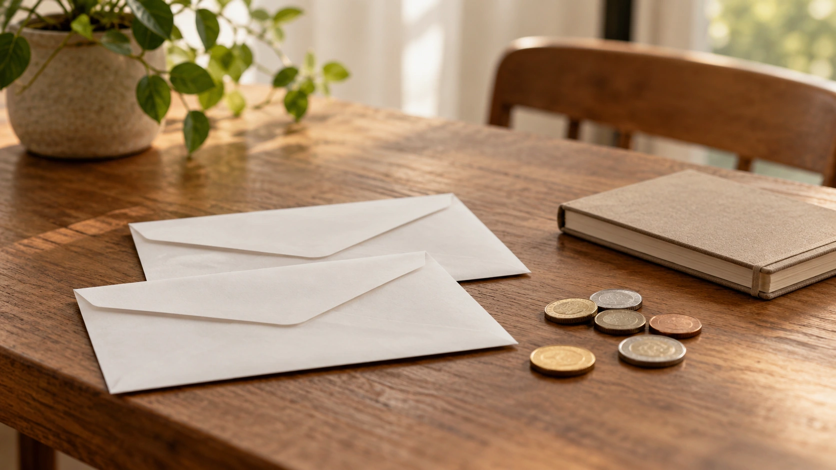 Coins, paper envelopes and a closed notebook on a wooden table.