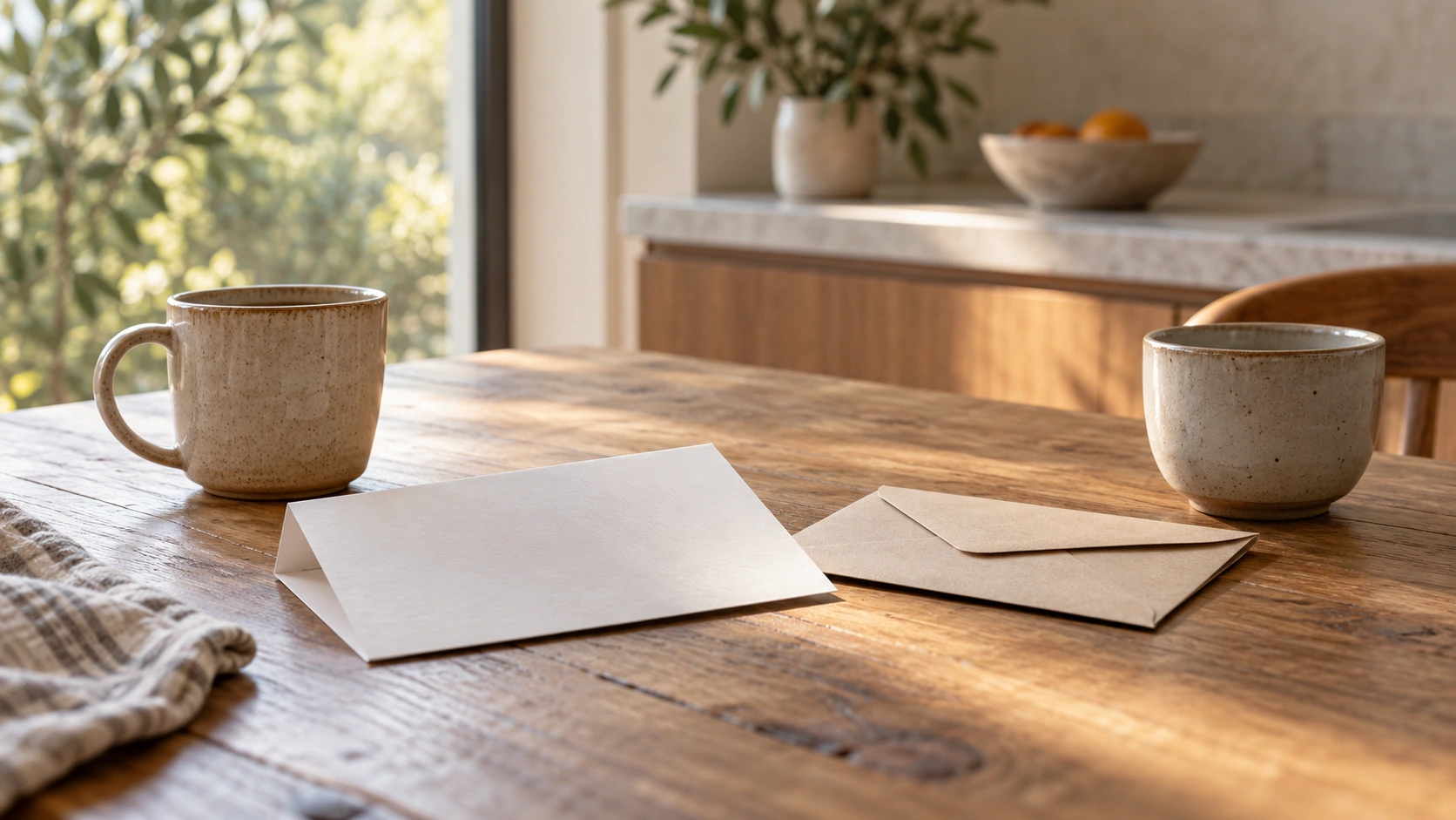 Una hoja en blanco, un sobre y dos tazas sobre una mesa de cocina.