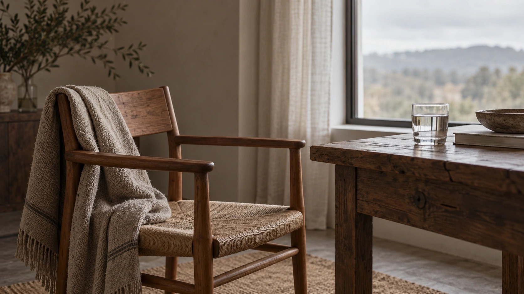An empty chair with a blanket and a glass of water on a table beside a window.
