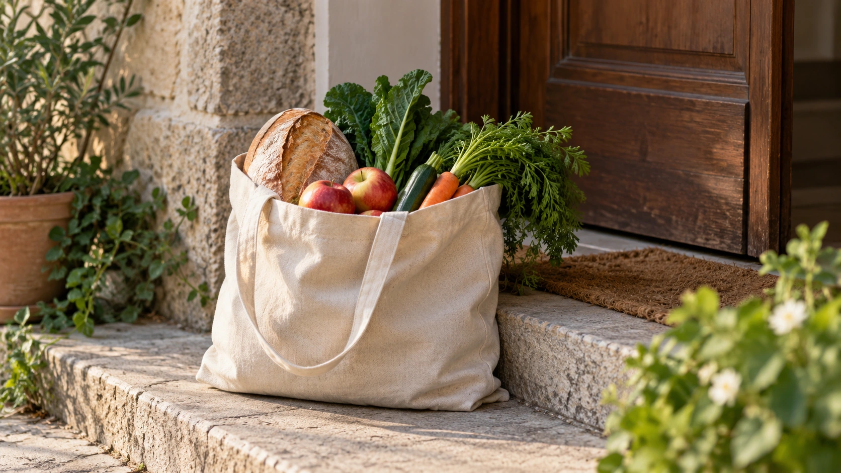 A cloth bag with bread, apples and vegetables beside a door.