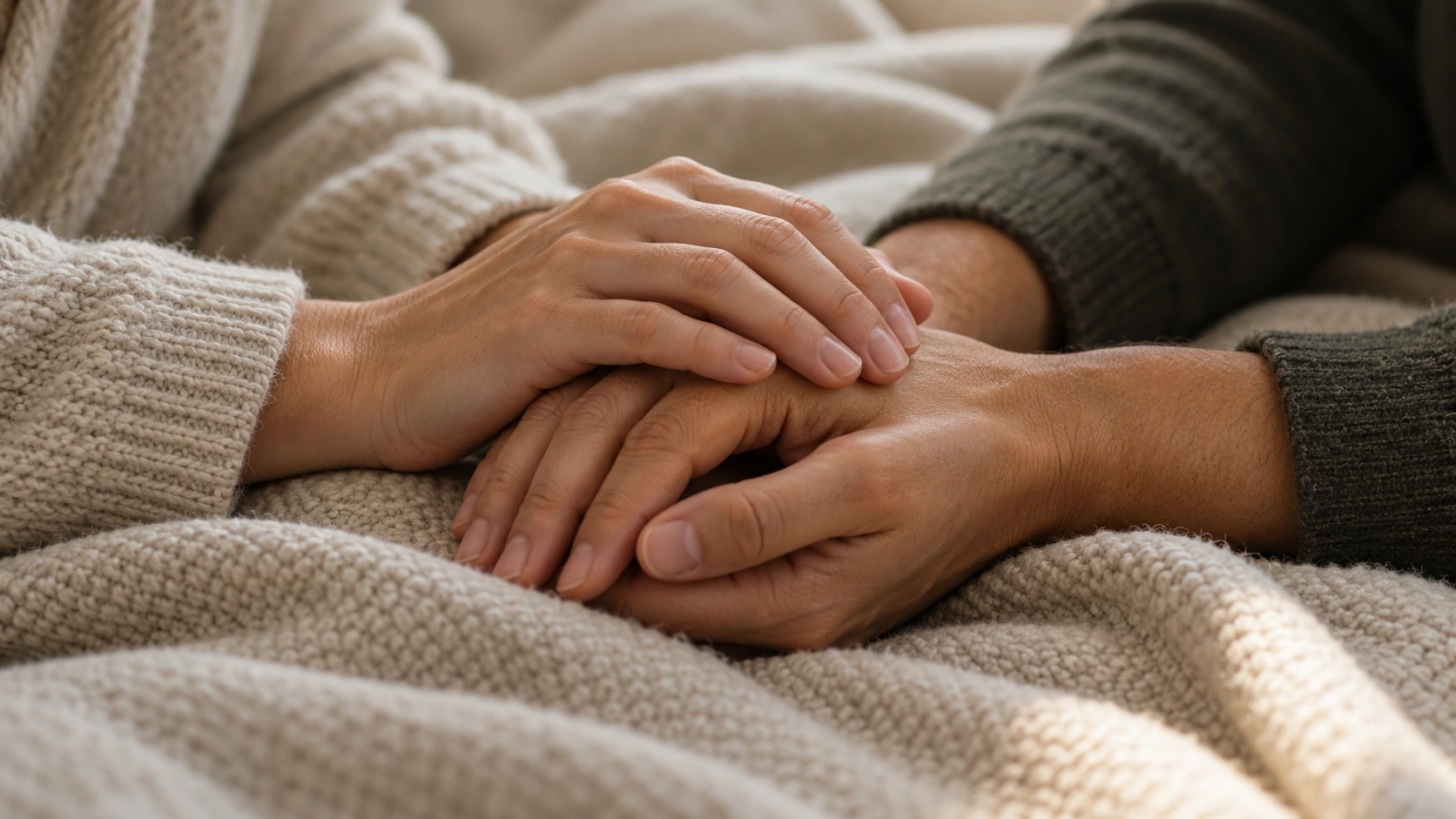 Two people gently hold each other’s hands over a blanket.