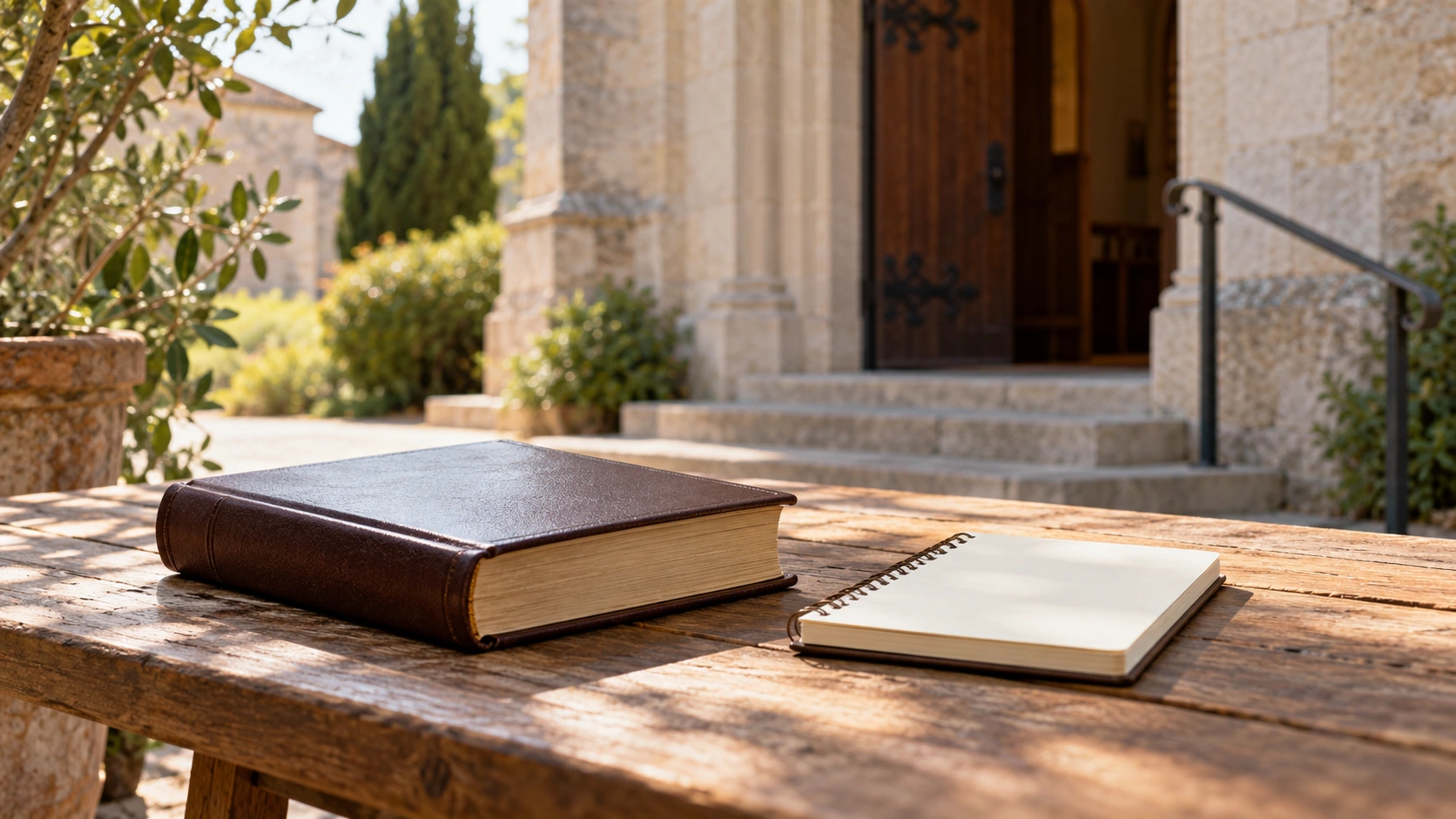 A closed book and a small notebook on a wooden table near a church entrance.