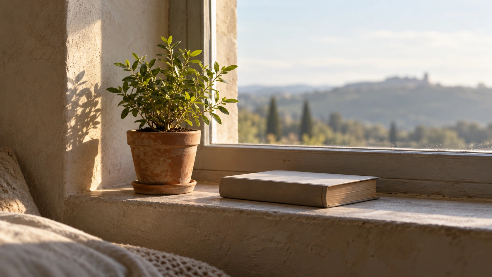 A green plant in a clay pot and a closed book on a windowsill.