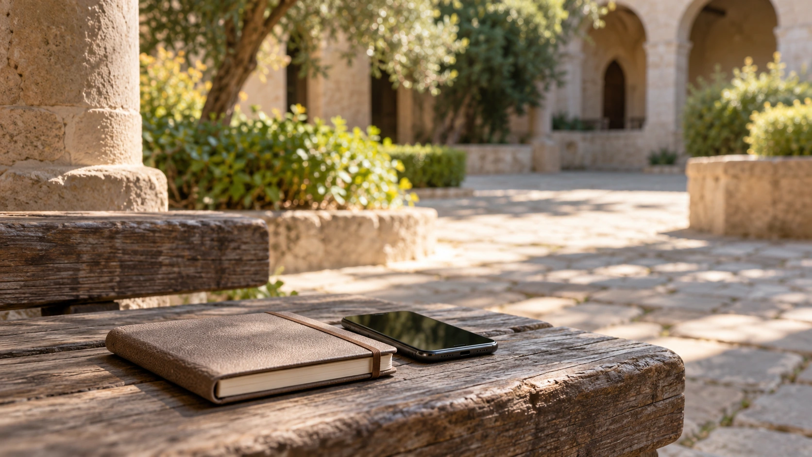 A small notebook and a phone with a dark screen on a courtyard bench.