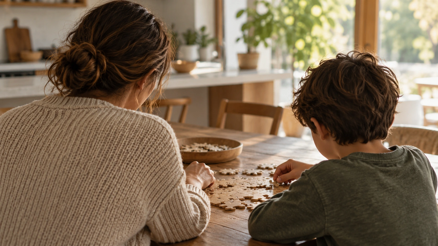 An adult and a child sit at a table with a wooden puzzle.