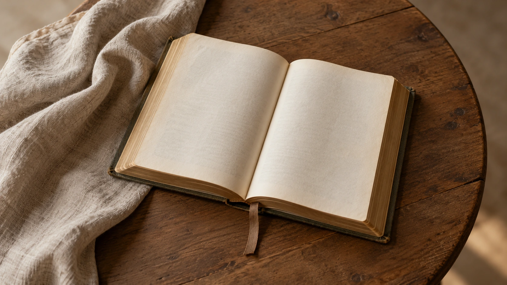 An open book with a bookmark on a round wooden table beside a linen cloth.