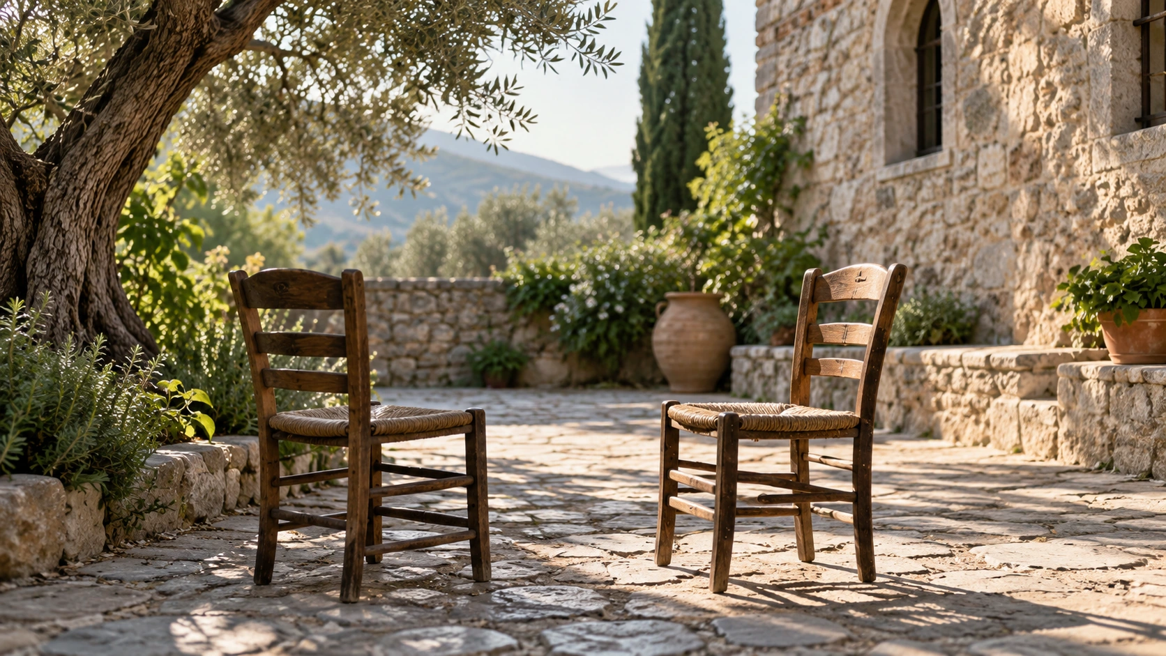 Two empty wooden chairs in a courtyard beside a stone wall.