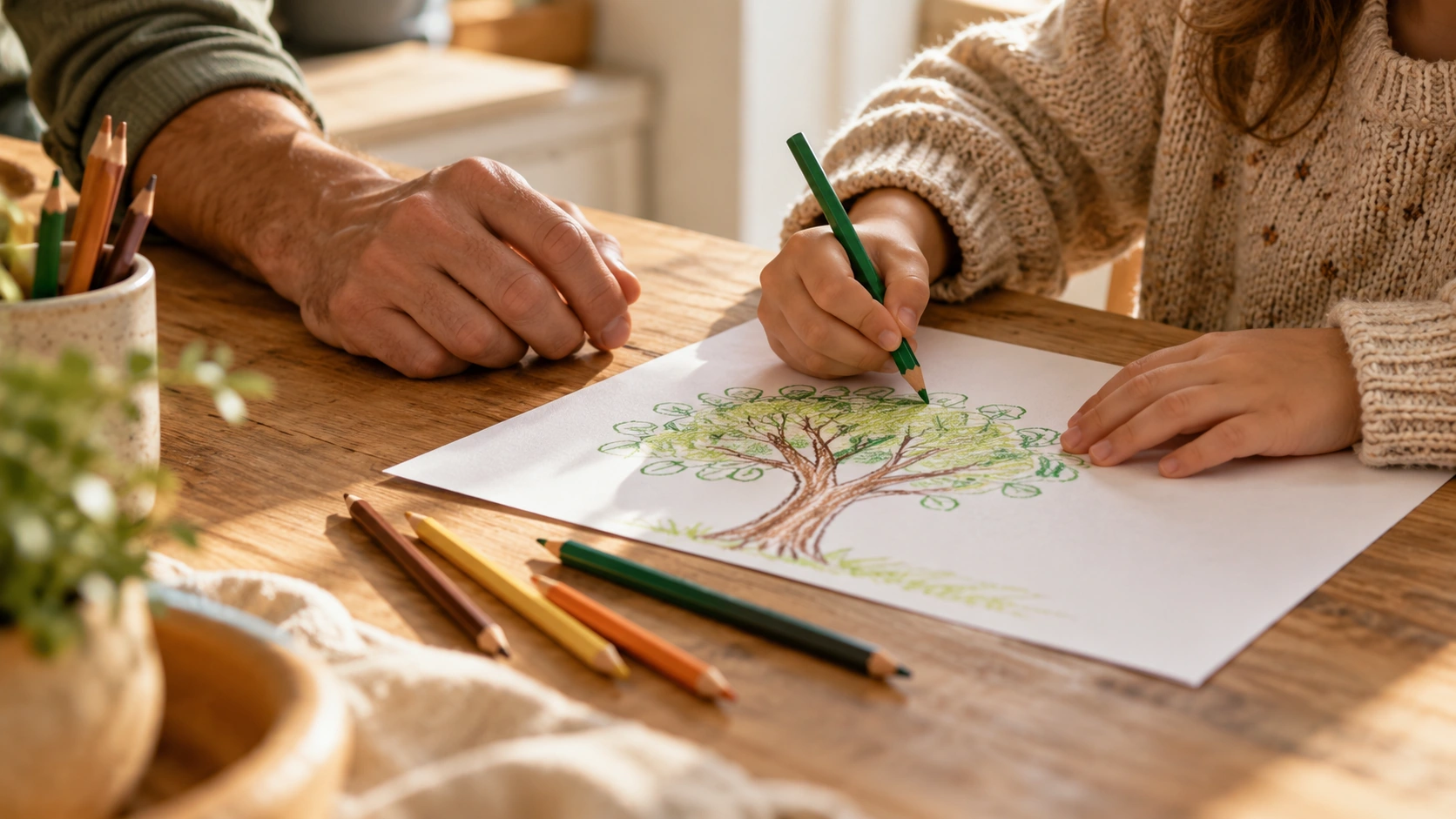 A child draws a tree beside an adult at a table with colored pencils.
