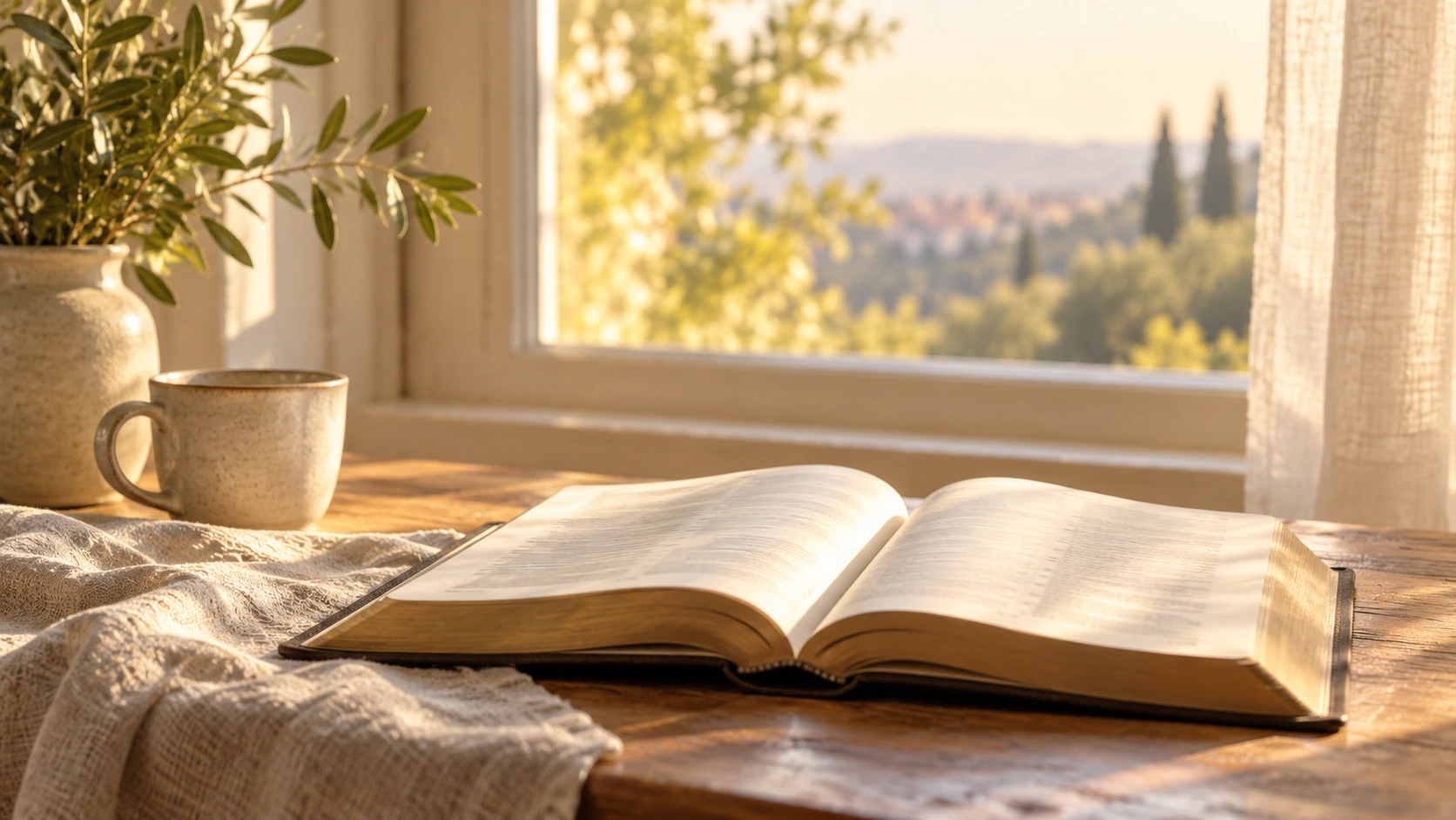 Libro abierto sobre una mesa de madera junto a una ventana luminosa, una taza y una tela de lino