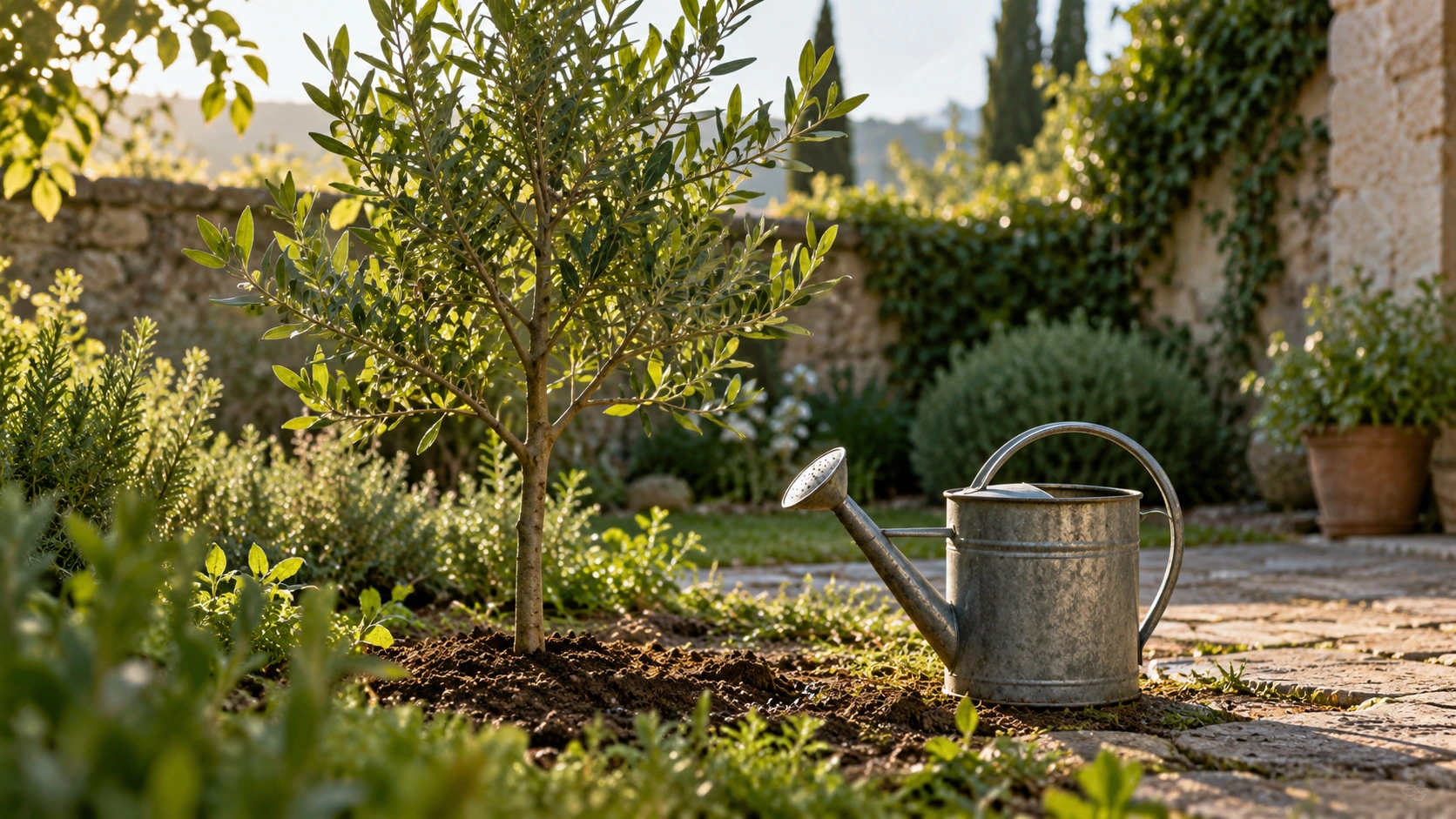 A metal watering can among plants in a small garden.