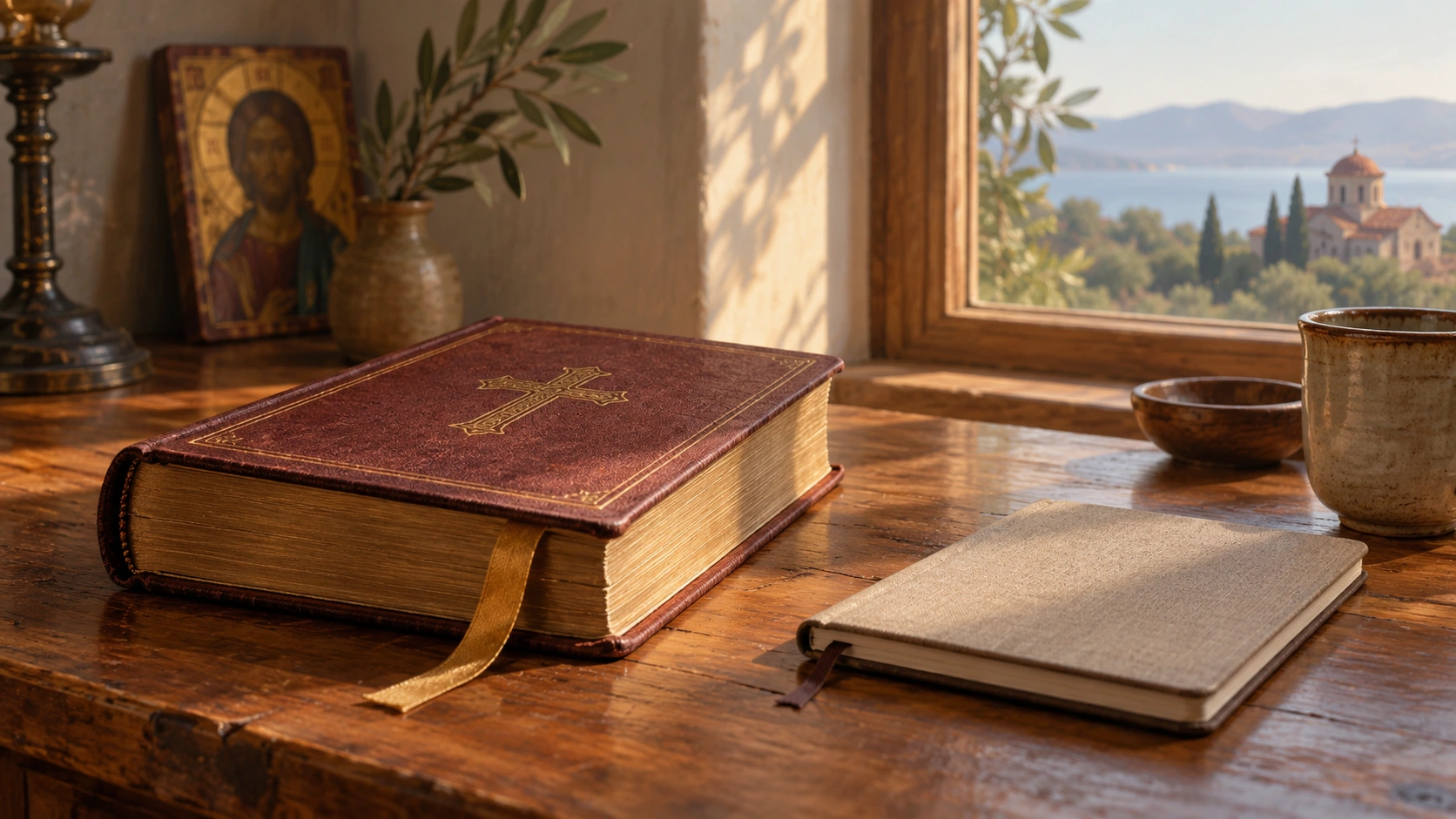 Un libro cerrado con un marcapáginas de cinta y un pequeño cuaderno junto a la ventana.